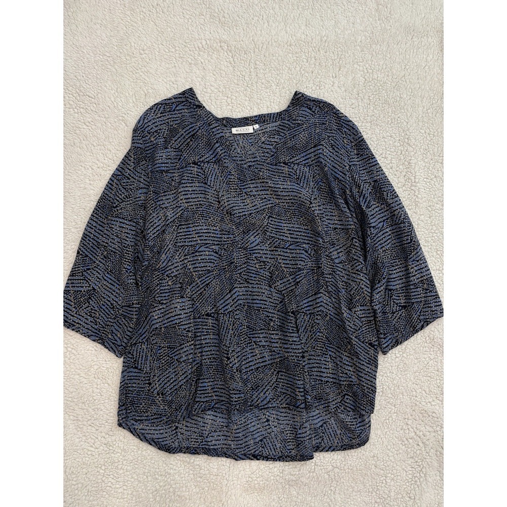 Masai Women's Large Blue Abstract Print Blouse 3/4 Sleeve Viscose Top L Scandi